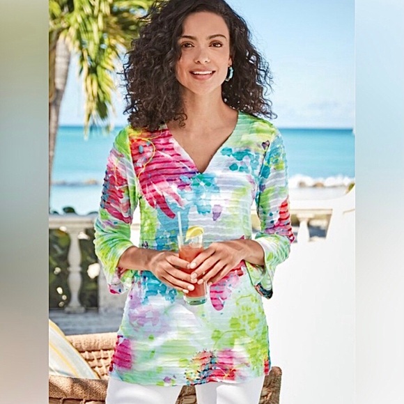 💖 Soft Surroundings Watercolor Floral Ribbed Tunic Knit Pullover Top - Picture 1 of 11